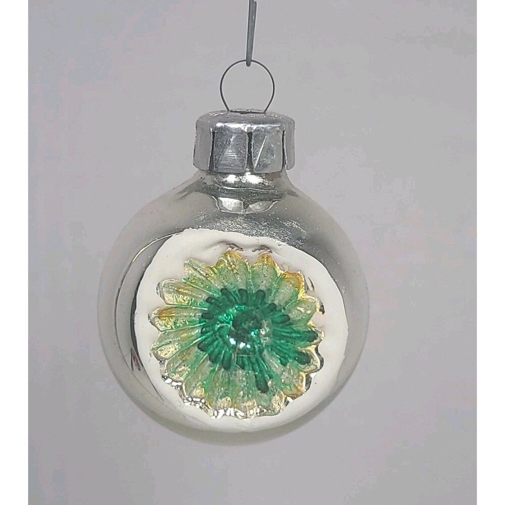 Vintage East Germany Indent Reflector 2" Glass Christmas Ornament silver  green